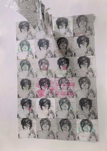 4’x6’x6’, Lithographs with additional screenprinting in different various both affixed to the wall and hanging on a fishing line via clothespins, 2023.