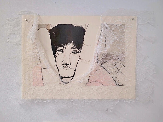 26”x21”, Photolithograph with monocolor screenprint and adhered lace, 2023